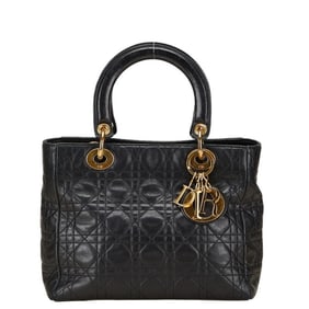 Christian Dior Dior Lady Cannage Handbag Black Leather Women's