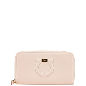 Salvatore Ferragamo Gancini logo plaque long wallet, round zipper, pink leather, women's.