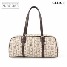 Celine C Macadam Mini Boston Handbag in Beige, Brown, and Silver Hardware.