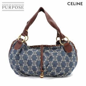 Celine Macadam Shoulder Bag in denim, leather, blue, brown, and gold hardware.