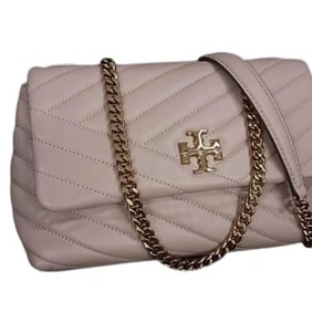 TORY BURCH Kira Chevron Convertible Shoulder Bag - Beige Leather with Chain and Quilting