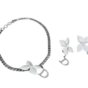 Christian Dior DIOR Dior Earrings Choker - Silver White Metal Women's Flower 2-Piece Set