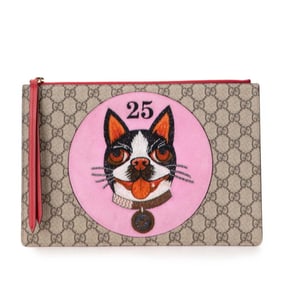 Gucci GG Supreme Bosco Appliqué Dog Embroidered Clutch Bag 506280 Beige Multicolored Suede Women's