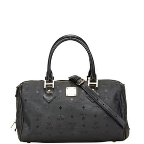 MCM Visetos Logogram Boston/Shoulder Bag, 2-Way, Black Nylon and Leather, Women's