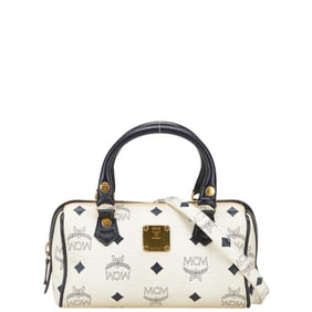 MCM Visetos Monogram Mini Boston Bag/Shoulder Bag, 2-Way, White/Black Leather, Women's
