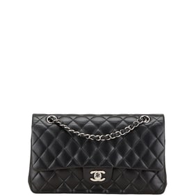 CHANEL Matelasse 25 Double Flap Coco Mark Chain Shoulder Bag in Black Lambskin for Women