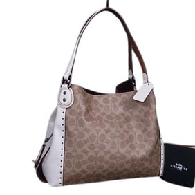 COACH Signature Edie Handbag 30220 in Brown and Ivory Leather with Studs Gunmetal Hardware