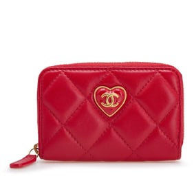 CHANEL Matelasse Coco Mark Heart Round Zipper Coin Case Red Lambskin Women's