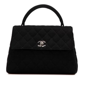 CHANEL Matelasse 25 Coco Mark Handbag with Top Handles, Black Cotton, Women's