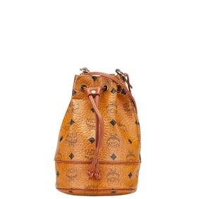 MCM Visetos Logogram Drawstring Shoulder Bag in Brown PVC and Leather for Women