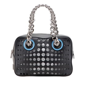 Prada Triangle Logo Plate Punching Chain Tote Bag Handbag 1BB017 Black Gray Leather Women's PRADA