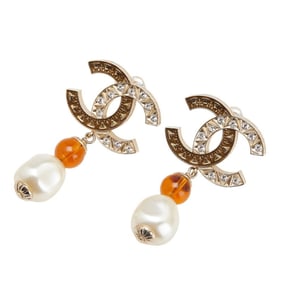 Chanel Coco Mark Rhinestone Swing Earrings in Champagne Gold and Orange Metal with Faux Pearls for