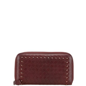 Bottega Veneta Intrecciato Studded Long Wallet with Round Zipper, Wine Red Leather, Women's