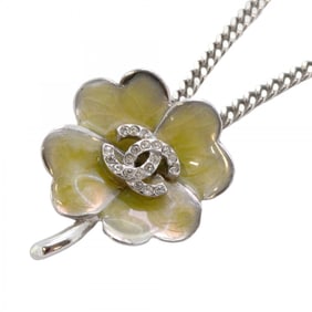 Chanel necklace with Coco Mark clover motif, metal rhinestones, silver and green for women