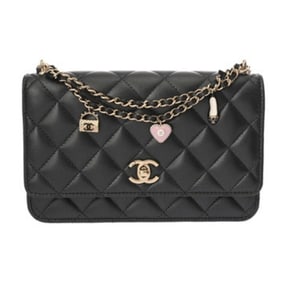 CHANEL Matelasse Chain Wallet with Charm, Black, AP4537, Women's Lambskin Shoulder Bag
