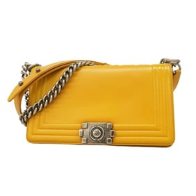 Chanel Shoulder Bag Boy Chain Leather Yellow Women's