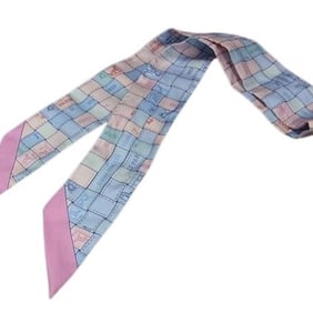 HERMES Twilly Bordeaux Check Ribbon Scarf - Blue and Pink, 100% Silk, Women's