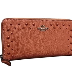 COACH Coral Pink Leather Long Wallet with Studs, Accordion Zip Around, F55610, Women's