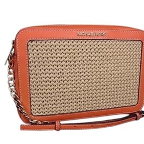 MICHAEL KORS Michael Kors Shoulder Bag - Orange Beige Straw x Leather Women's Chain