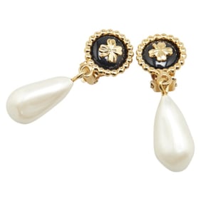CHANEL Round Clover Faux Pearl Earrings, Gold and Black Plated, Women's