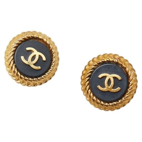 CHANEL Vintage Round Coco Mark Earrings, Gold and Black Plated, Women's