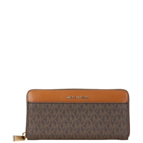 Michael Kors MK Pattern Round Zip Long Wallet 34F9GM9E9B Brown Leather Women's