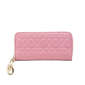 Christian Dior Dior Cannage Lady Round Zip Long Wallet Pink Lambskin Women's