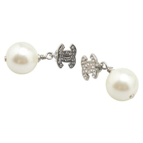 CHANEL Coco Mark Rhinestone Swing Earrings in Silver Metal with Faux Pearls for Women