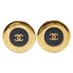 Chanel Coco Mark Round Earrings, Gold and Black Plated Plastic, Women's, CHANEL