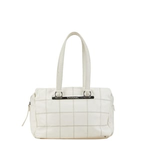 CHANEL Chocobar Logo Plate Boston Bag Travel White Leather Women's