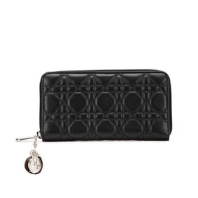 Christian Dior Dior Lady Cannage Round Zip Long Wallet in Black Lambskin for Women