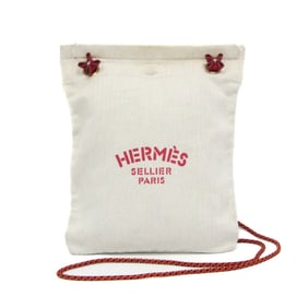 Hermes Arena PM Women's Cotton Canvas,Leather Shoulder Bag Beige,Red Color