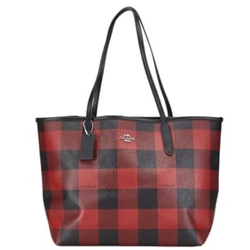 Coach Check Buffalo Plaid Print Handbag Tote Bag C7271 SVS66 Black Red Leather Women's COACH
