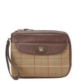 Burberry Check Pouch Clutch Bag Khaki Brown Multicolor Canvas Leather Women's BURBERRY