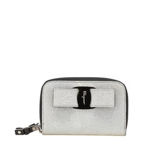 Salvatore Ferragamo Vara Ribbon Glitter Wallet/Coin Case in Silver and Black Canvas Leather for