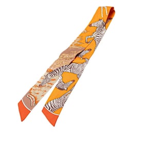 Hermès Twilly "Les Zebras" Zebra Scarf, Orange Multicolor Silk, Women's, HERMES