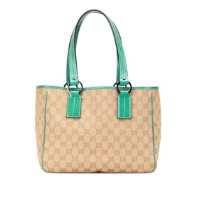 Gucci GG Canvas Tote Bag 113019 Beige Emerald Green Leather Women's GUCCI