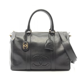 CHANEL Deka Coco Mark Handbag, Calfskin Leather, Women's, Black