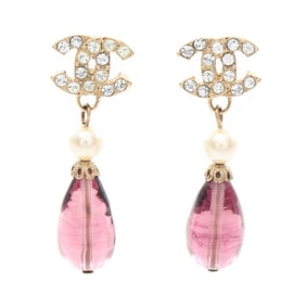 CHANEL Coco Mark Earrings, Gold Plated, Crystal and Rhinestone Design, Women's, Gold, Purple, Clear