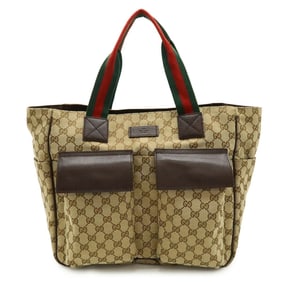 GUCCI GG Canvas Sherry Line Tote Bag, Large Shoulder Leather, Khaki Beige, Dark Brown, 161836