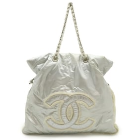 CHANEL Coco Mark Fur Chain Shoulder Bag Nylon Metallic Silver 9700