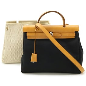 HERMES Hermès Air Bag PM Handbag/Shoulder Bag, Toile Officier GM, Black/Beige Leather, G Stamp
