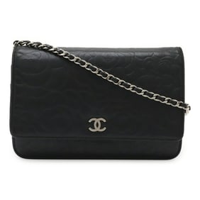CHANEL Camellia Coco Mark Chain Wallet Shoulder Bag Pochette in Black Lambskin Leather 7421