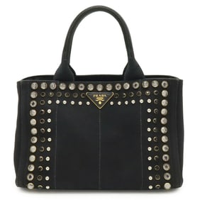 PRADA CANAPA Tote Bag, Beaded Studs, Canvas, Nero, Black, Shoulder 1BG439