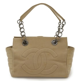 CHANEL Coco Mark Chain Shoulder Tote Bag in Beige Canvas and Leather
