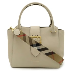 BURBERRY House Check Pattern Tote Bag Shoulder Handbag Leather Light Beige