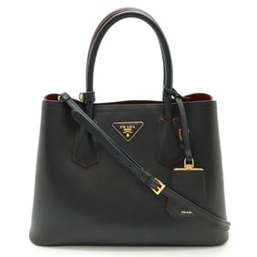 PRADA Double Handbag/Shoulder Bag, Two-Tone Embossed Leather, Nero Black, Purchased at an Overseas