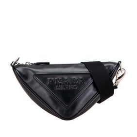 Prada Triangle Embossed Logo Shoulder Bag 1BH190 Black Leather Women's PRADA