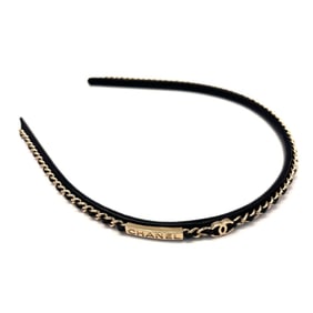 CHANEL Matelasse Coco Mark Chain Headband in Black Leather (B22)