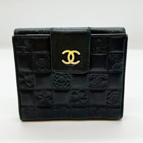 CHANEL Icon Line Bifold Wallet, Black, Calf Leather, Coco Mark, Camellia, and Clover Motifs, Women's